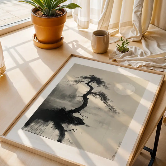 Sumi-e Poster with a Tree and the Moon