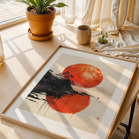 A Sumi-e Poster with trees and a red sunset