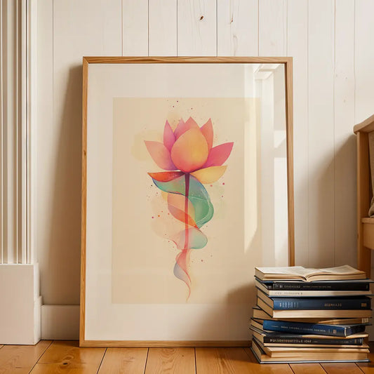 Colorful lotus flower with flowing Unalome spiral, symbolizing enlightenment and spiritual balance