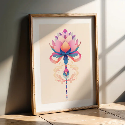 Symmetrical lotus flower in pink, purple and blue with Unalome details symbolizing spiritual growth