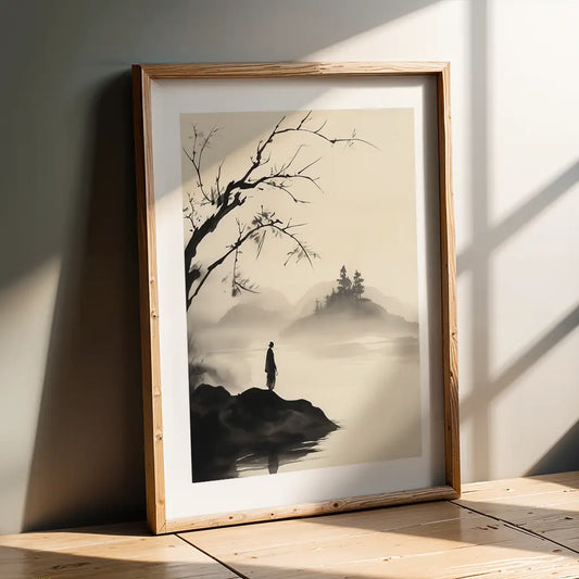 Sumi-e Print: Woman standing by the lake